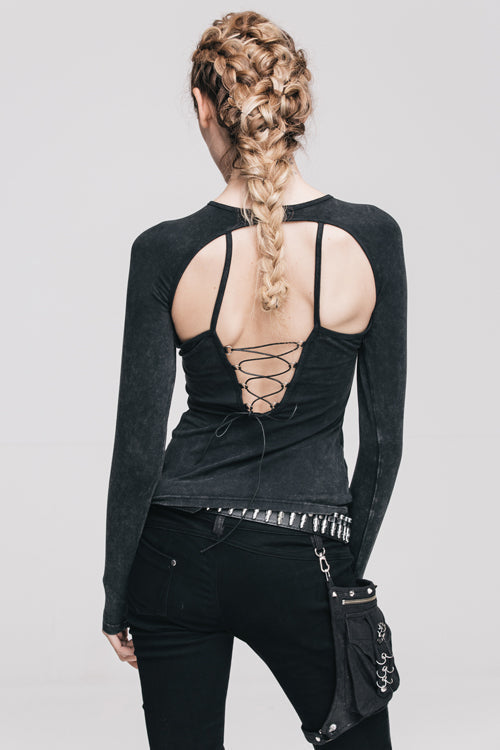 Women's Punk T-Shirt with Hollow Out Long Sleeves Straps Design