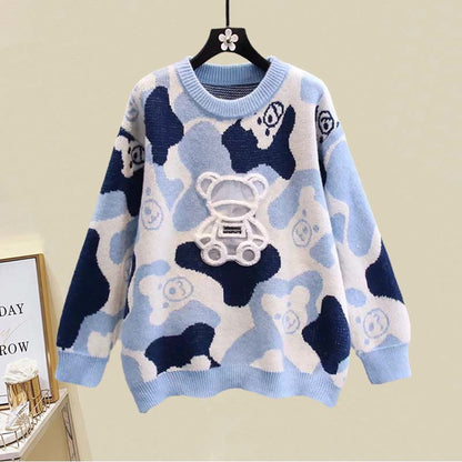 Cartoon Bear Print Sweater Split Skirt Set