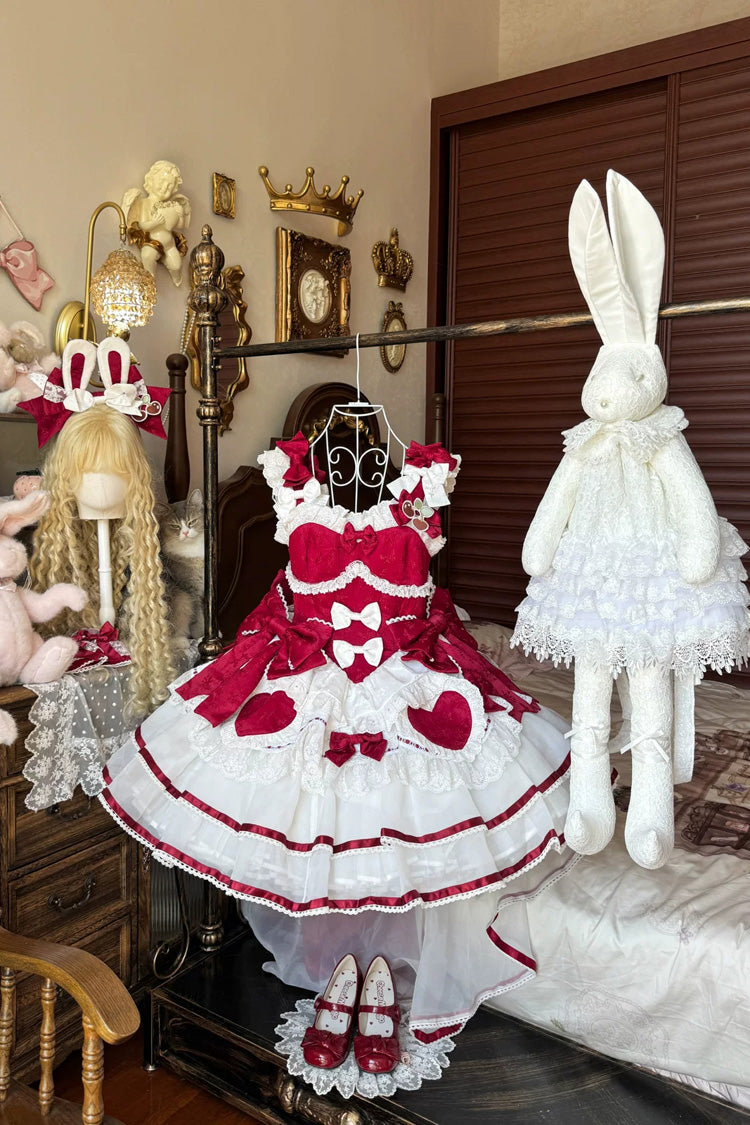 Red [Velvet Rabbit] Sleeveless Multi-Layered Ruffled Bow Sweet Lolita Jsk Dress Set