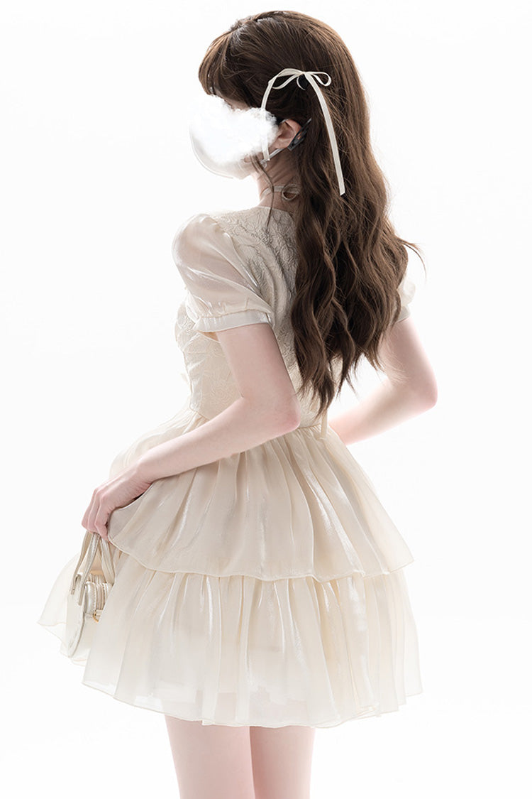 Apricot Prussian Legend Short Sleeves Multi-Layered Jacquard Ruffle Bow Sweet Dress