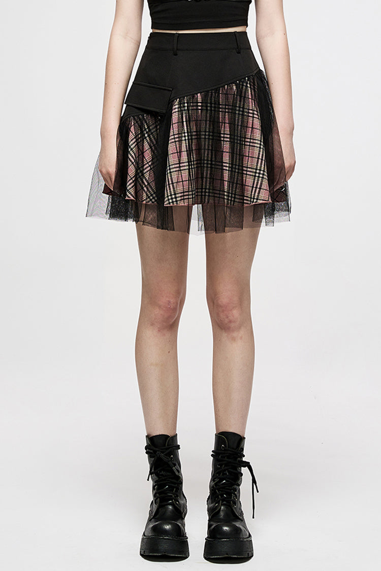 Pink & Black Punk Mesh Skirt with Pocket Accents & Waist Detail