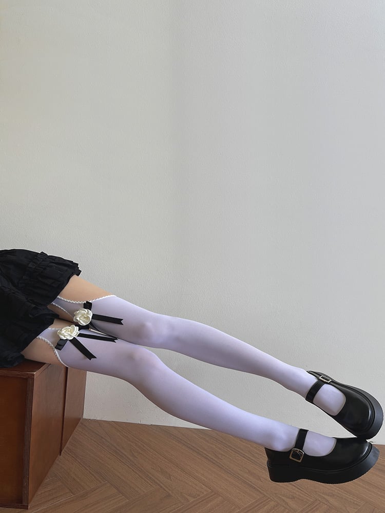 Camellia Suspender Black/White Bowknot Tights