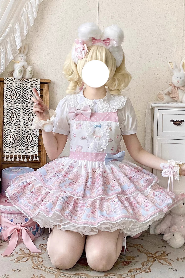 Pink Bunny & Bear Tea Party Sleeveless Double-Layered Printed Ruffled Bow Lace Sweet Strap Dress
