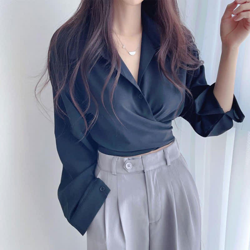 Chic Pure Color Lapel Crop Shirt