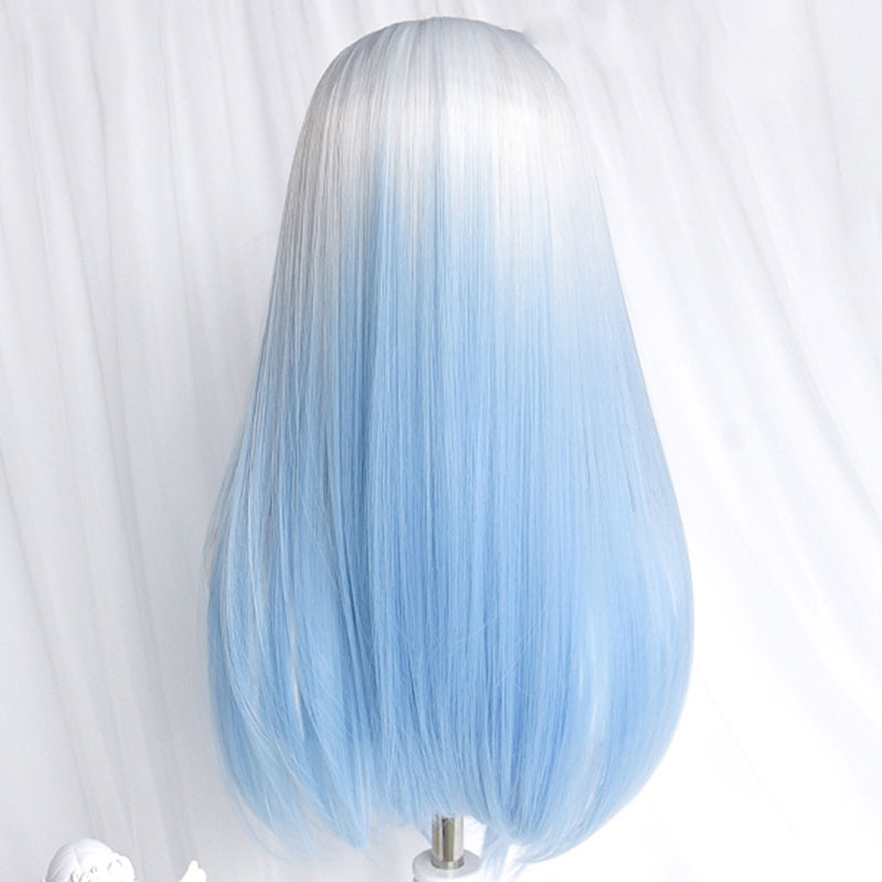 Gradient Blue Long Straight Curly Wig With Bangs