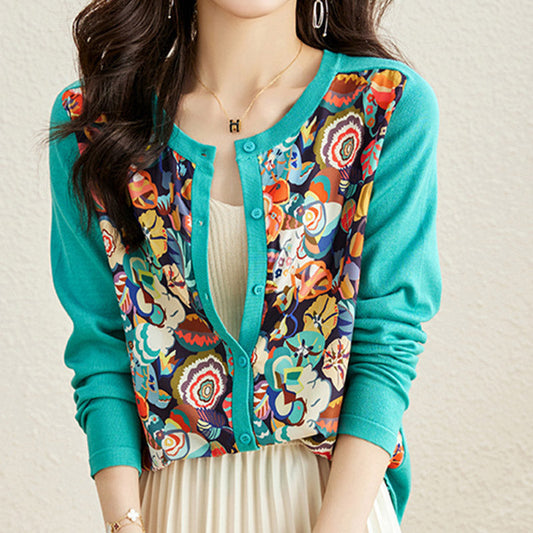 Green Crew Neck Knitted Flowers Cardigan