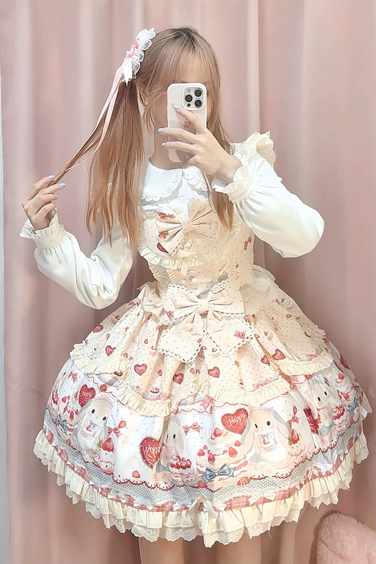 Yellow [Cute Rabbit Party] Sleeveless Double-Layered Printed Ruffled Bow Sweet Lolita Jsk Dress