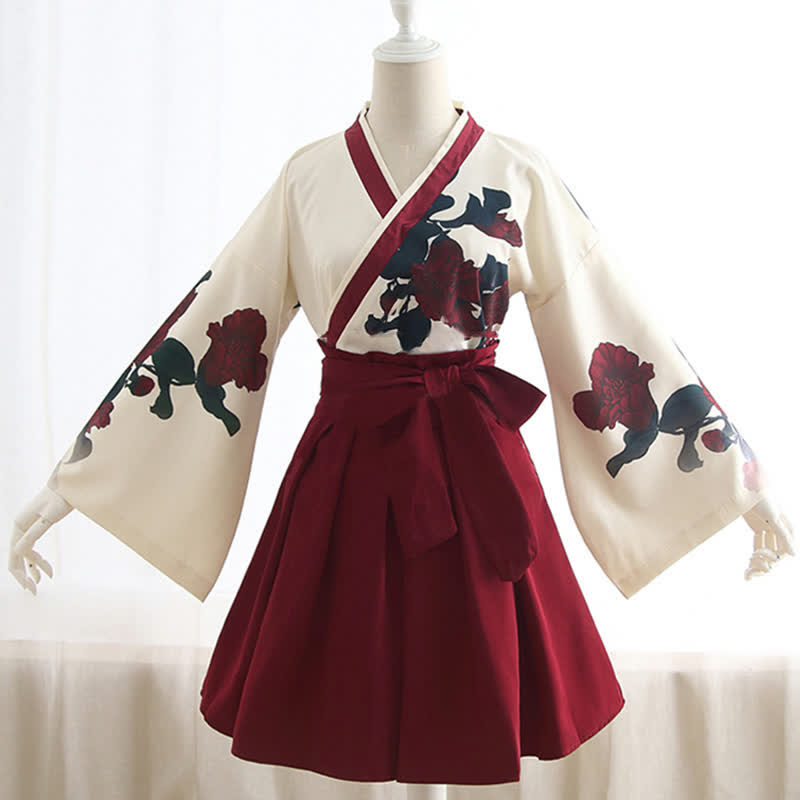 Vintage Rose Flower Print Kimono Shirt Lace Up Pleated Skirt