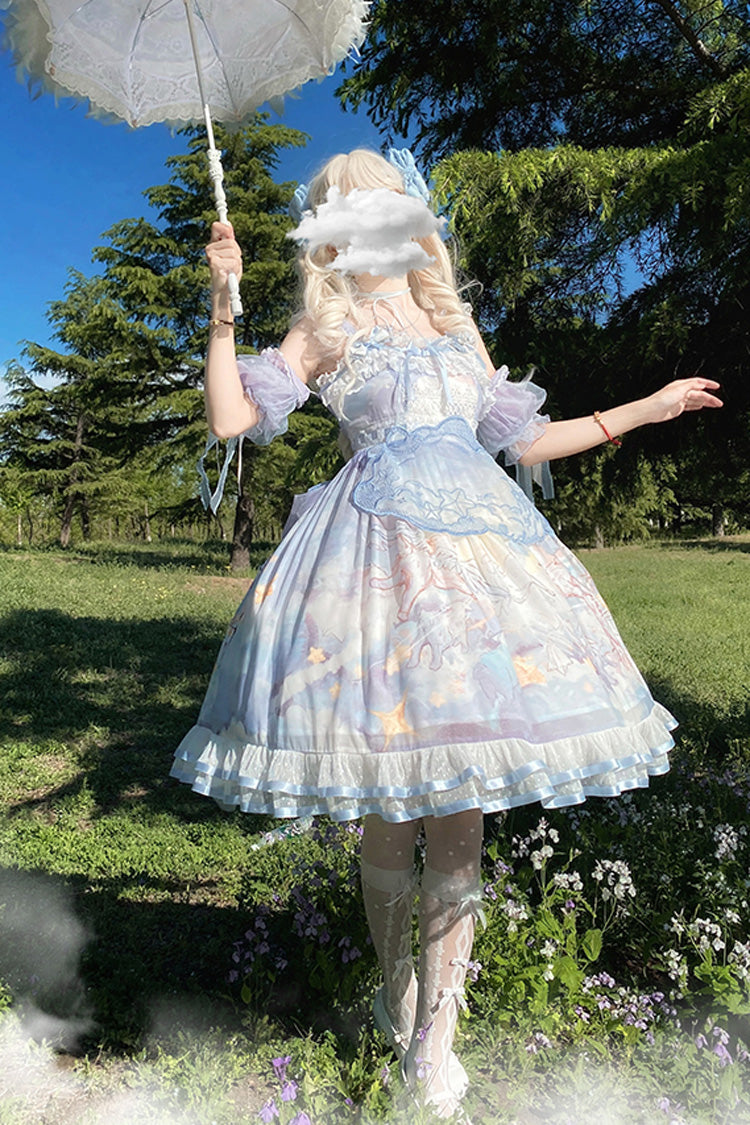 Cloud Walk Print Ruffled Bow Lace Sweet Lolita Jumper Dress Complete Set