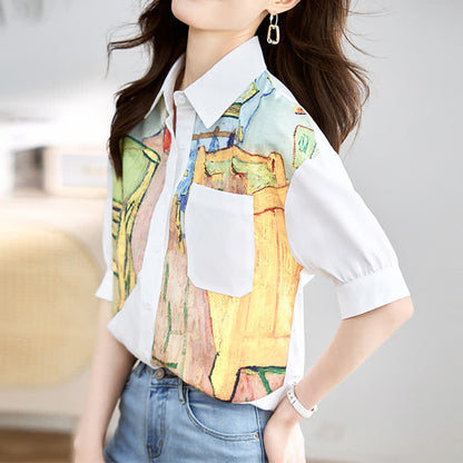 Colorblock Painting Print Pocket Lapel Shirt