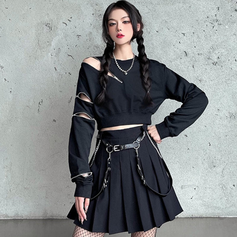 Y2K Zipper Short Sweatshirt Waistband Pleated Skirt Set