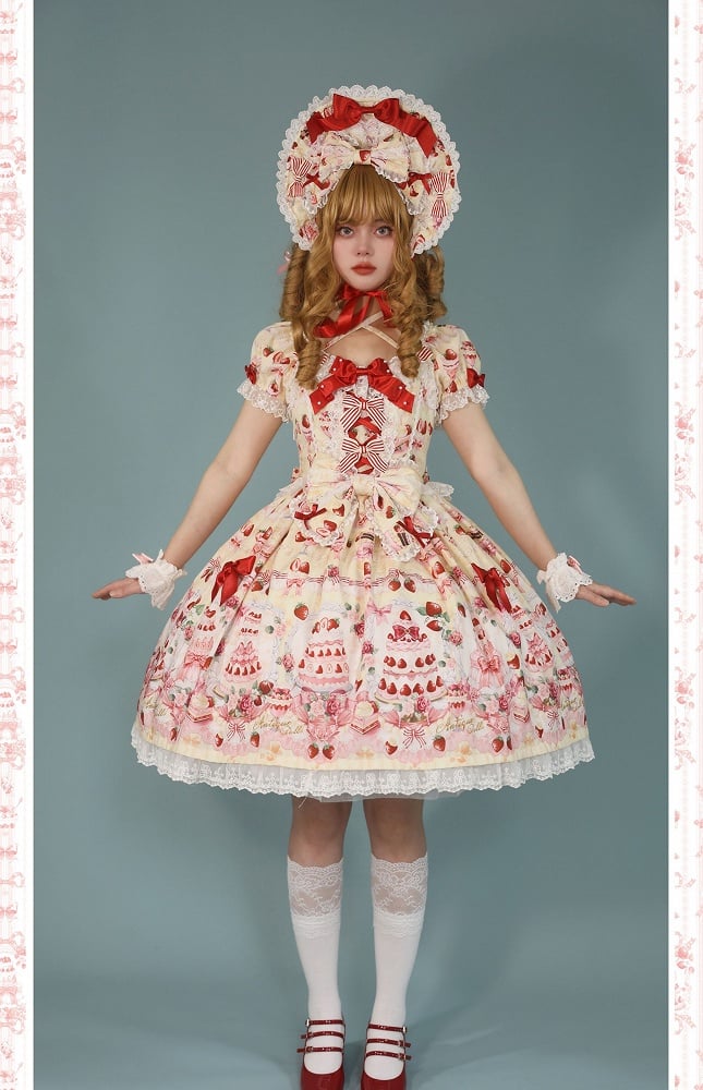 Accents Print Lolita Full Sweet Yellow Cake Bow Set Dress / Strawberry