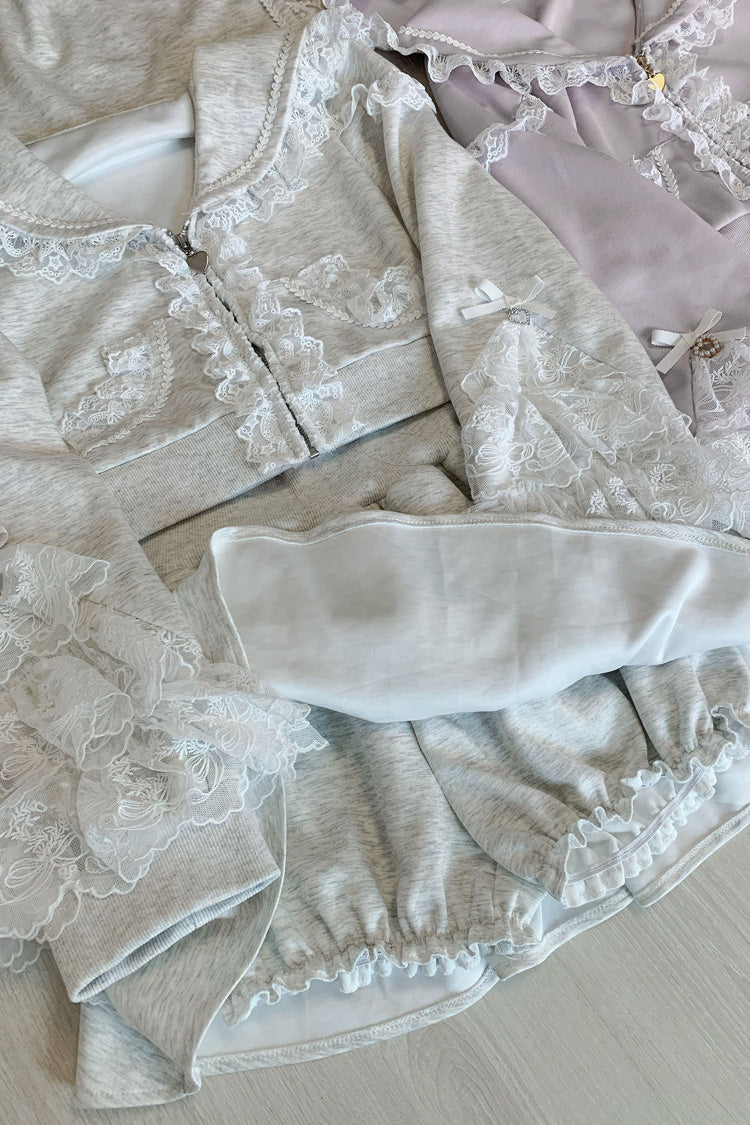 Grey Long Sleeve Ruffled Lace Hooded Jirai Kei Skirt Set
