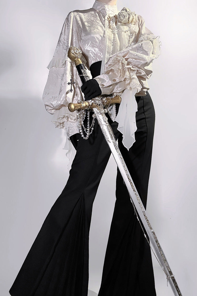 Noir Stand Collar Long Puff Sleeve Ruffled Embroidered Bow Prince Set - The Rose and the Sword