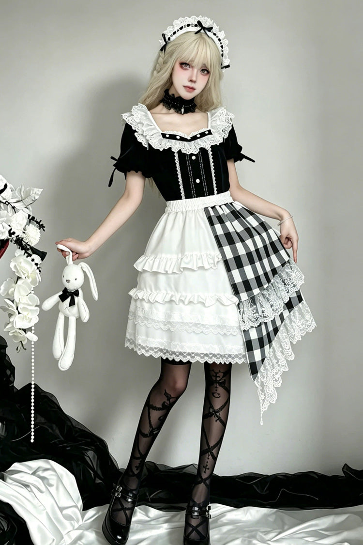 Monochrome Plaid Gothic Skirt Set with Lace and Asymmetric Hem
