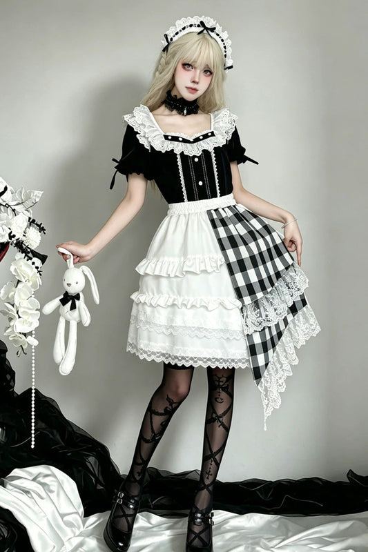 Monochrome Plaid Gothic Skirt Set with Lace and Asymmetric Hem