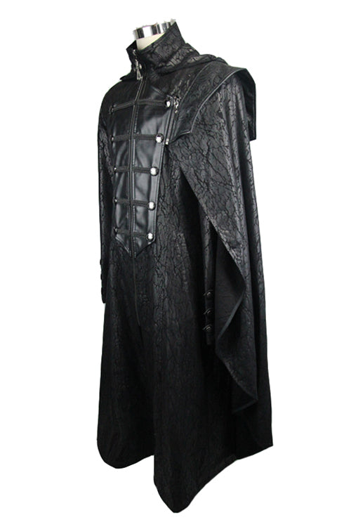 Men's Punk Long Leather Coat with Hooded One Side Shawl Style