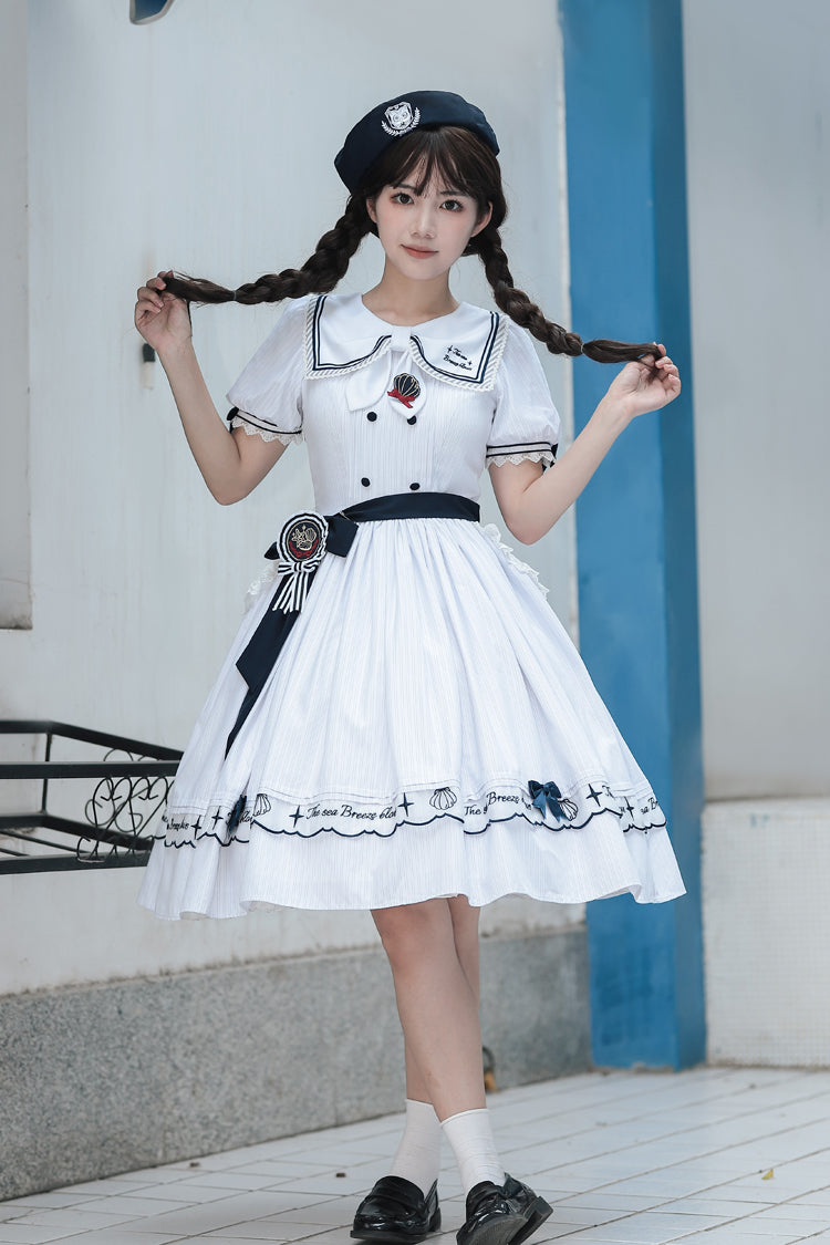 Navy Stripe Short Sleeve Ruffled Embroidery Sweet Lolita Dress