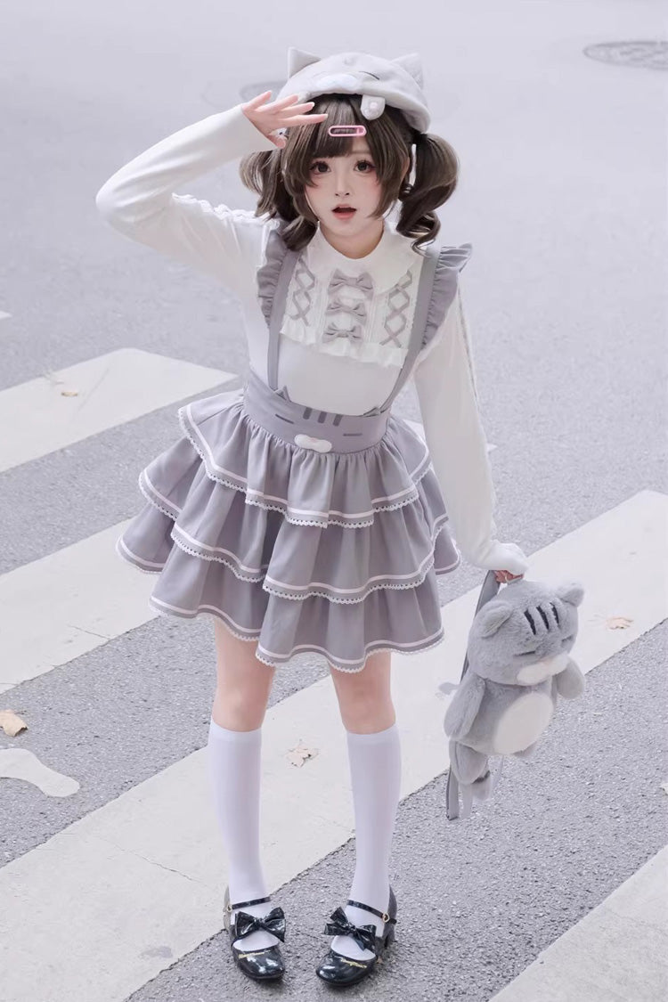 Grey Gloomy Cat Series Sleeveless Triple-Layered Ruffled Sweet Suspender Cake Strap Dress