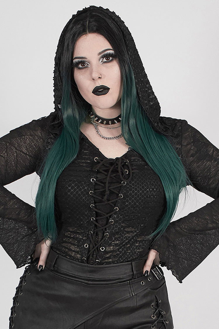 Plus Size Punk T-Shirt for Women in Black with Lace-Up Chest, Flare Sleeves & Distressed Knit Hood