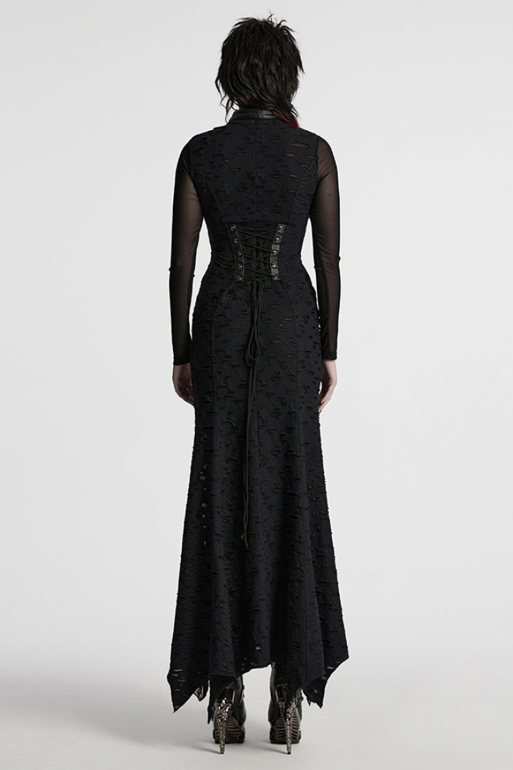 Jet Stand Collar Long Sleeves Stitching Mesh Ripped Punk Fishtail Dress
