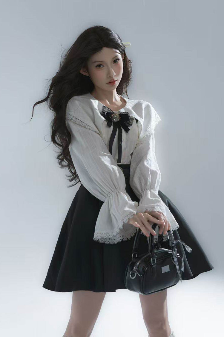 Monochrome Notch Collar Bow Detail Classic Lolita Strap Dress Set
