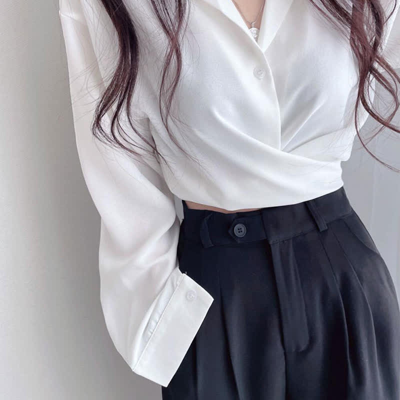 Chic Pure Color Lapel Crop Shirt