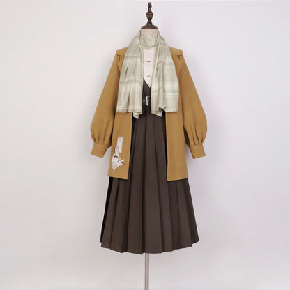 Vintage Button Shirt Pleated Suspender Skirt Plaid Set