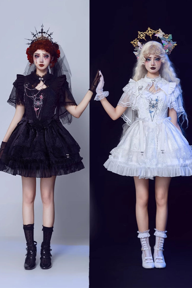Sleeveless Gothic Lace Skirt Set with Spider Bow