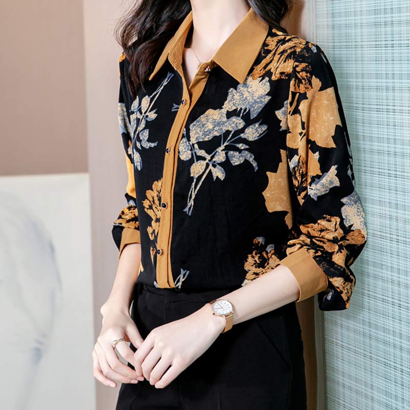 Vintage Lapel Leaves Print Shirt