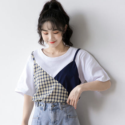 Sweet Plaid Color Block Fake Two Piece T-Shirt