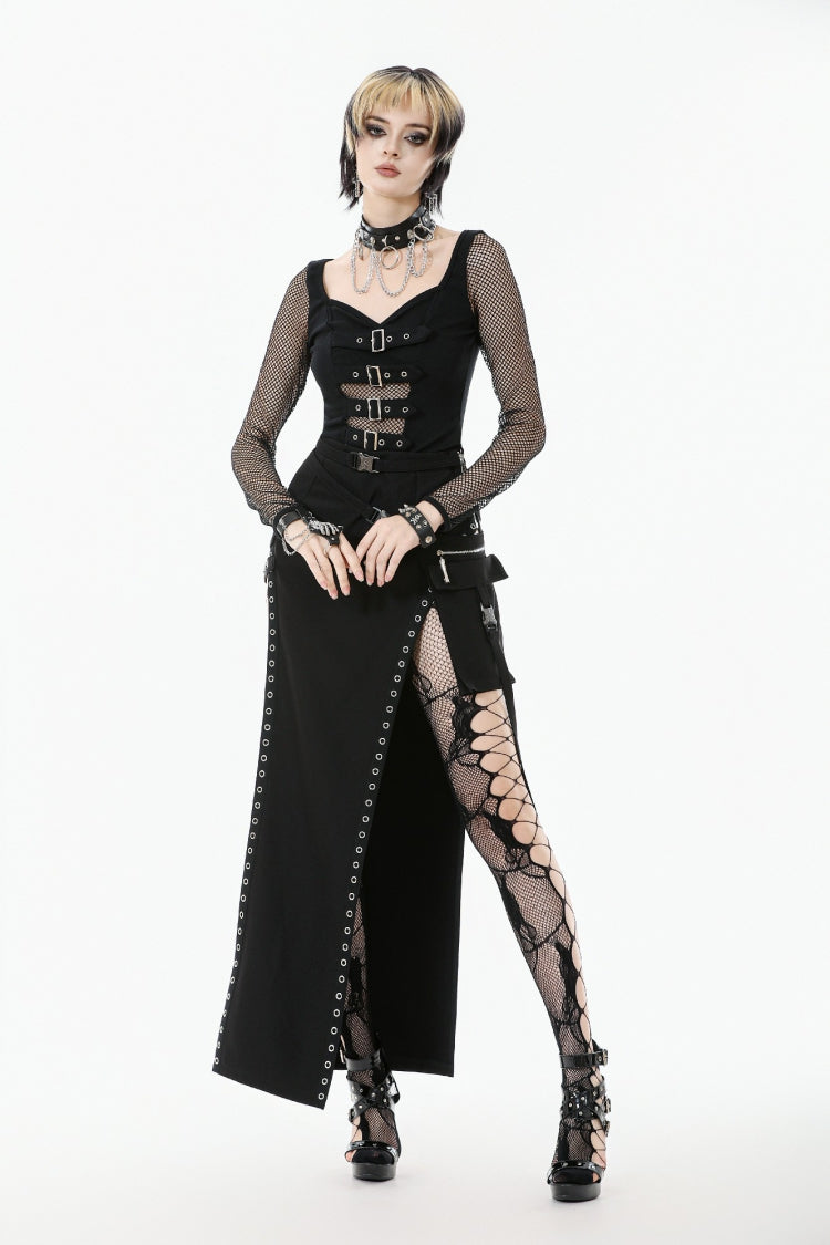 Long-Sleeve Punk Top with Buckled Straps and Mesh Panels