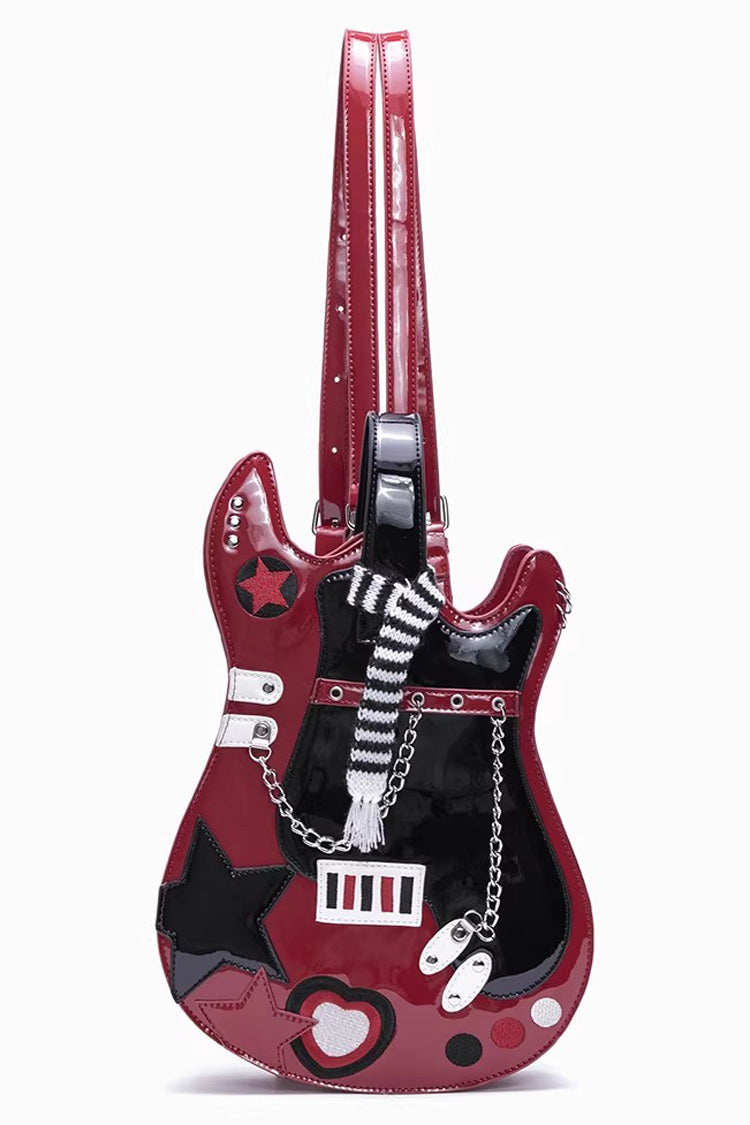 Embroidered Itabag with Guitar Heart and Chain, Color-Block Sweet Lolita