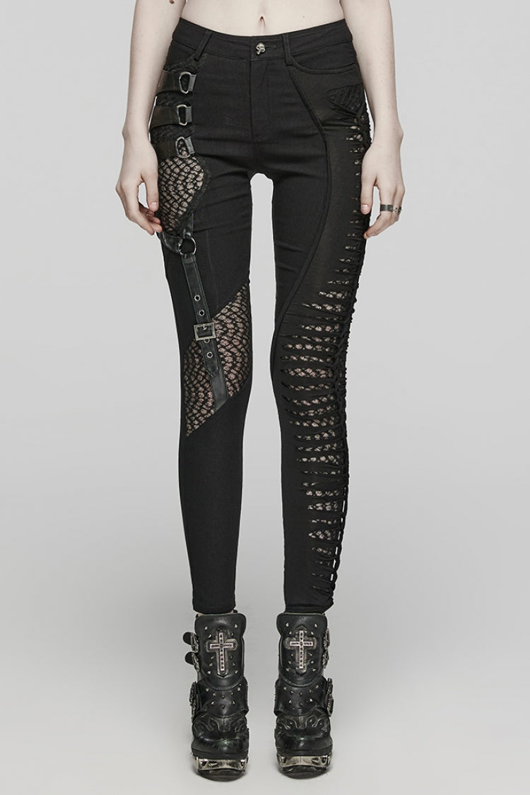 Asymmetric Steampunk Pants with Mesh & Cutout Decoration for Women