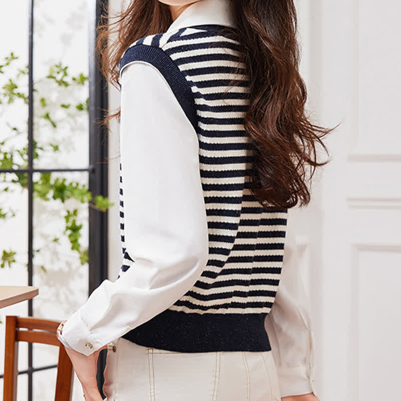 Stripe Fake Two Pieces Knit White Lapel Shirt