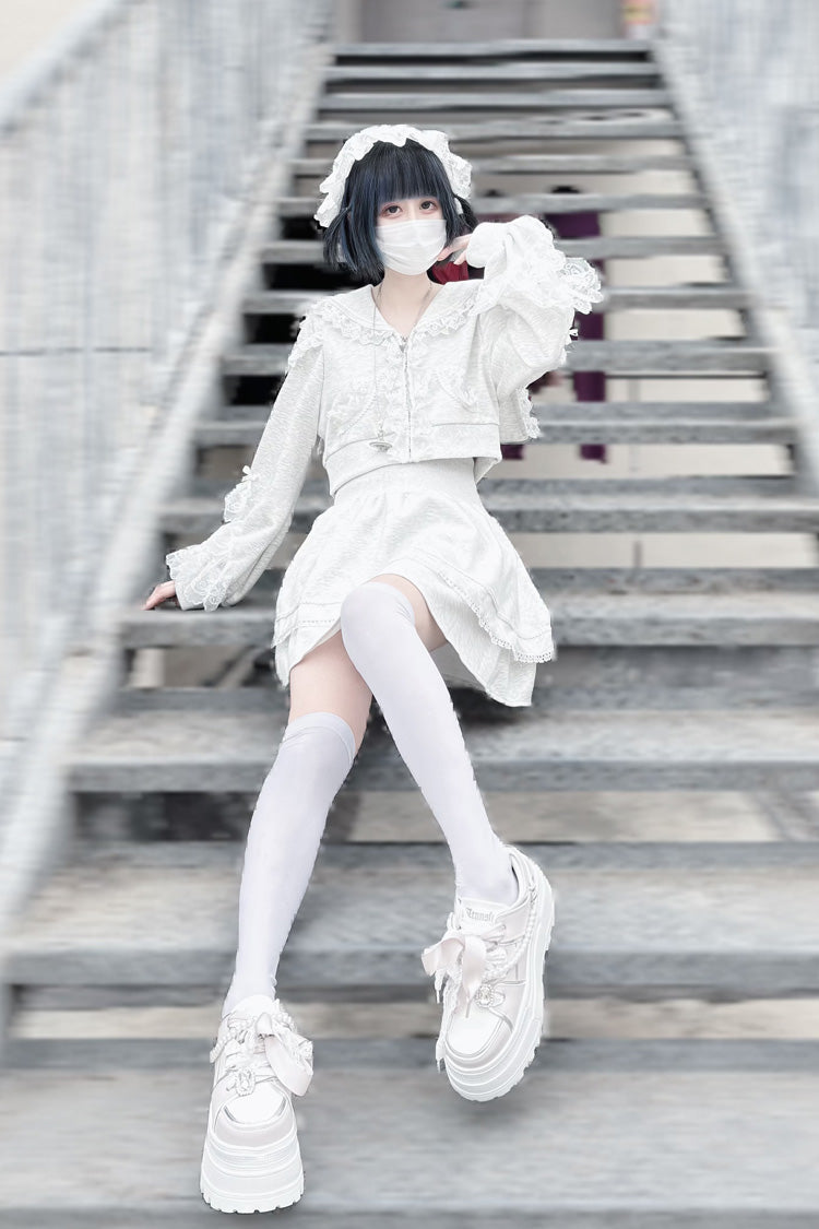 Grey Long Sleeve Ruffled Lace Hooded Jirai Kei Skirt Set