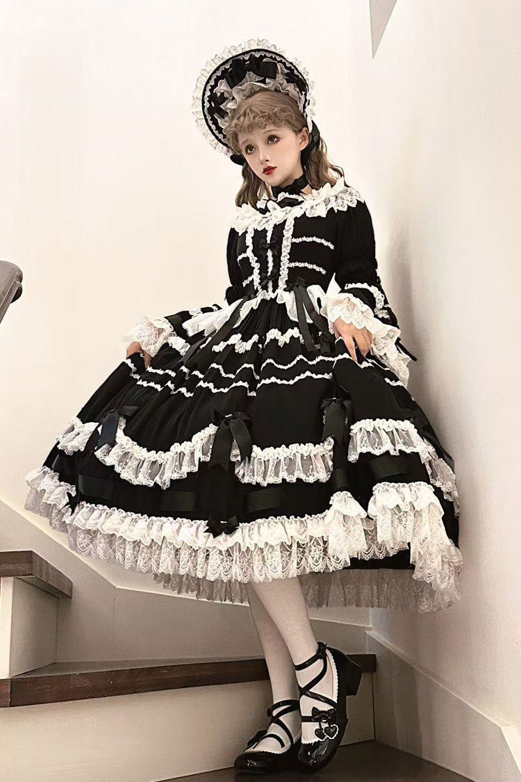 Black Round Collar Long Trumpet Sleeve Bow Lace Elegant Princess Dress
