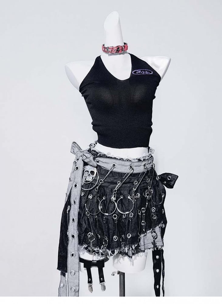 Black Asymmetrical Hem Bow Cross Punk Denim Skirt