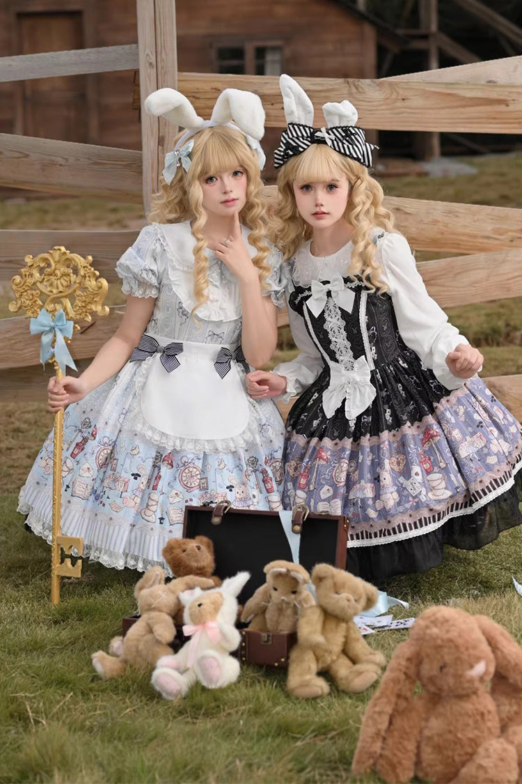 Black Alice’s Fantasy Tale Square Collar Sleeveless Printed Bow Gothic Dress