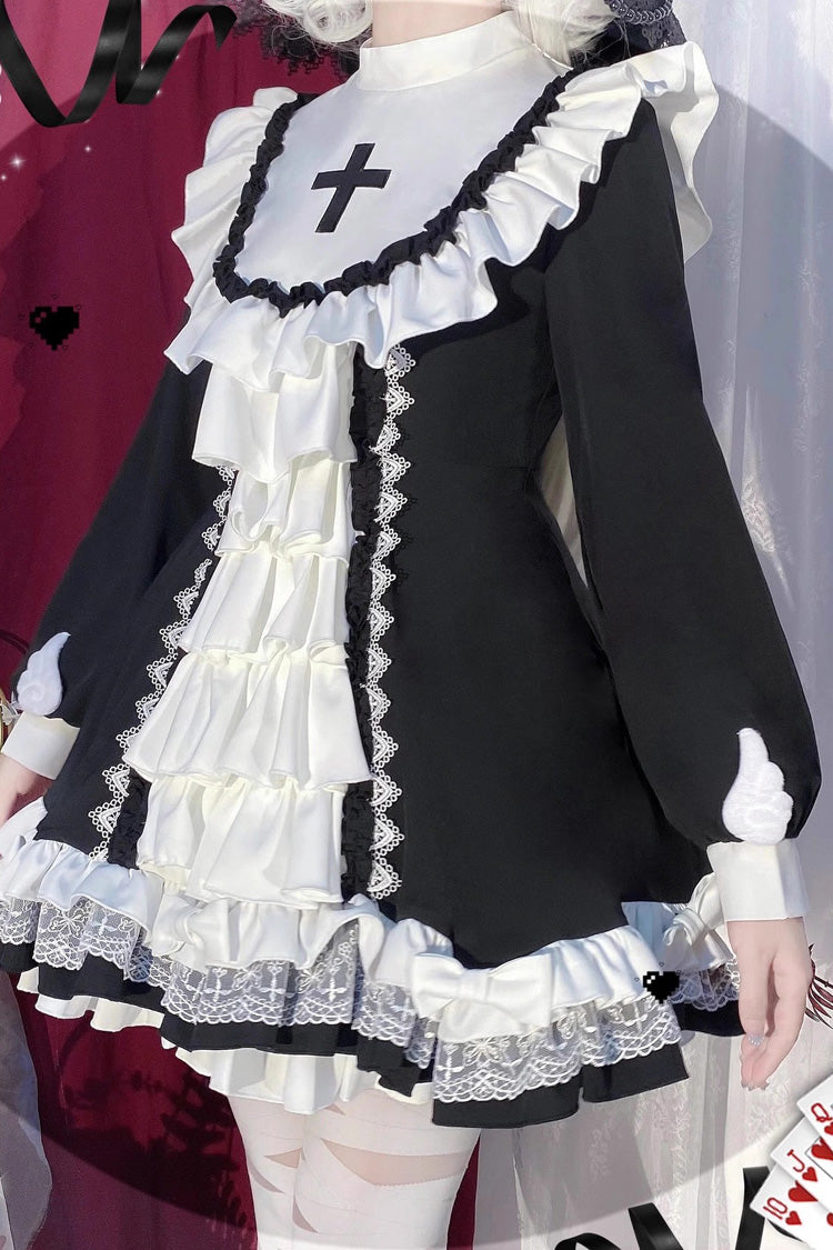 Long Sleeves Multi-layer Cross Print Nun Style Ruffle Gothic Lolita Dress
