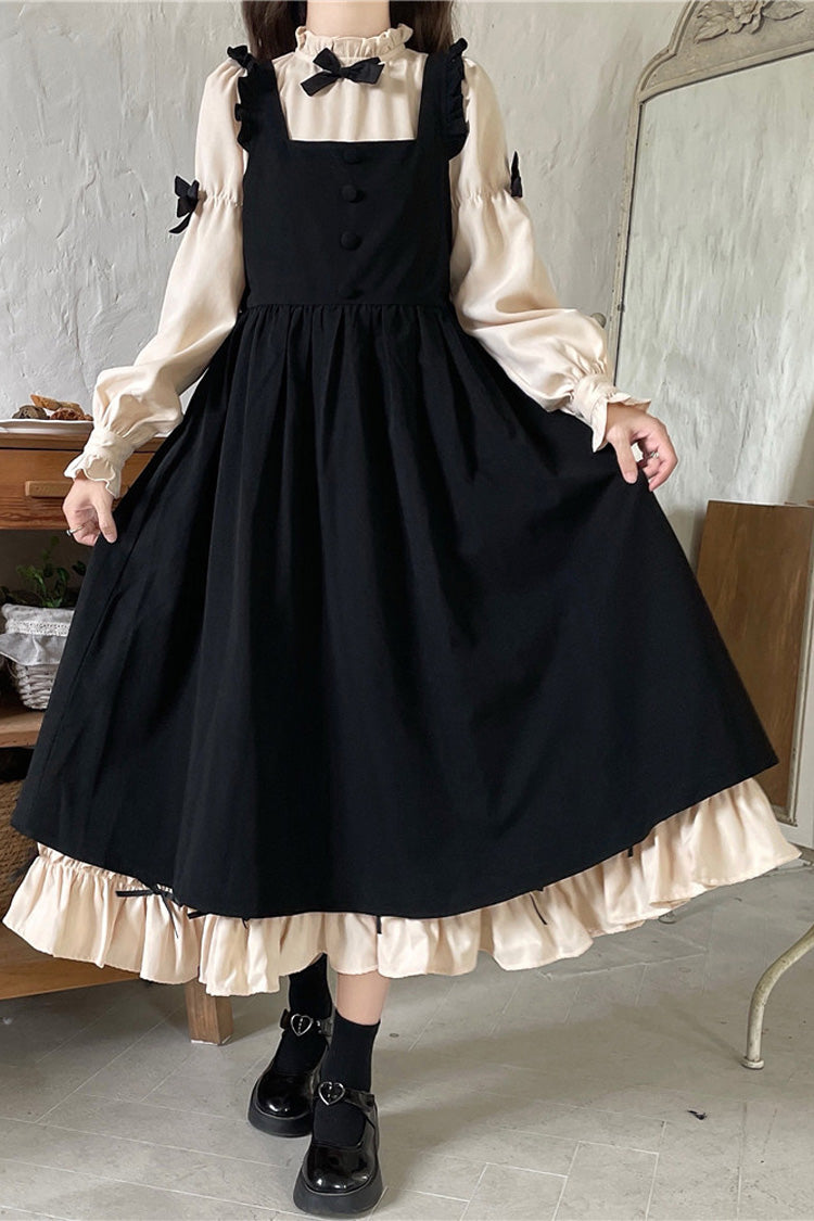 Noir/Apricot Puff Sleeve Bow Ruffle Sweet Dress - Japanese Style