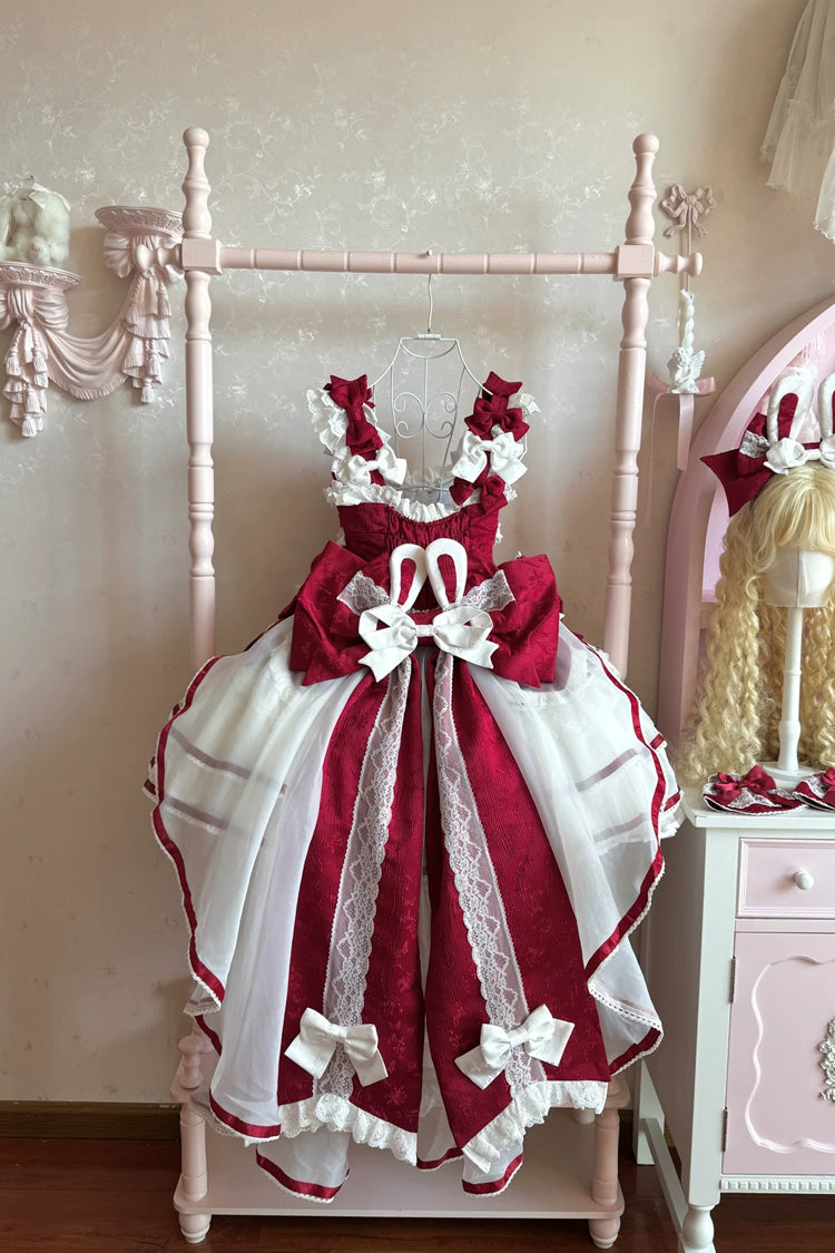 Red [Velvet Rabbit] Sleeveless Multi-Layered Ruffled Bow Sweet Lolita Jsk Dress Set