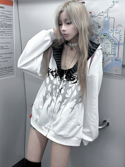 White Emo Punk Graphic Zip Hoodie