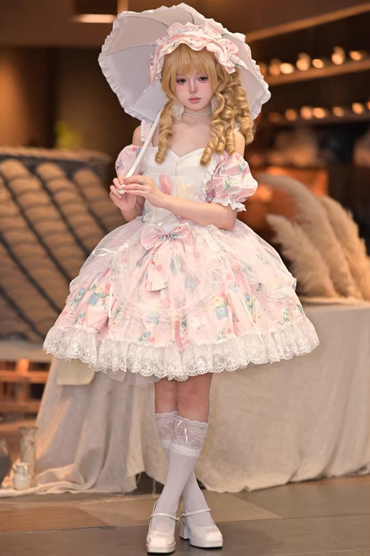 Off Shoulder Short Sleeves Print Ruffle Bowknot Lace Sweet Elegant Lolita Dress - Tulip's Letter