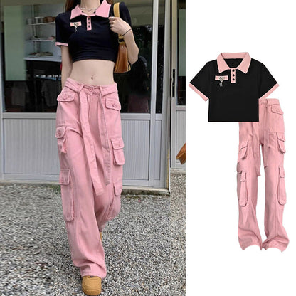 Vintage Love Heart Crop T-Shirt Pink Cargo Pants