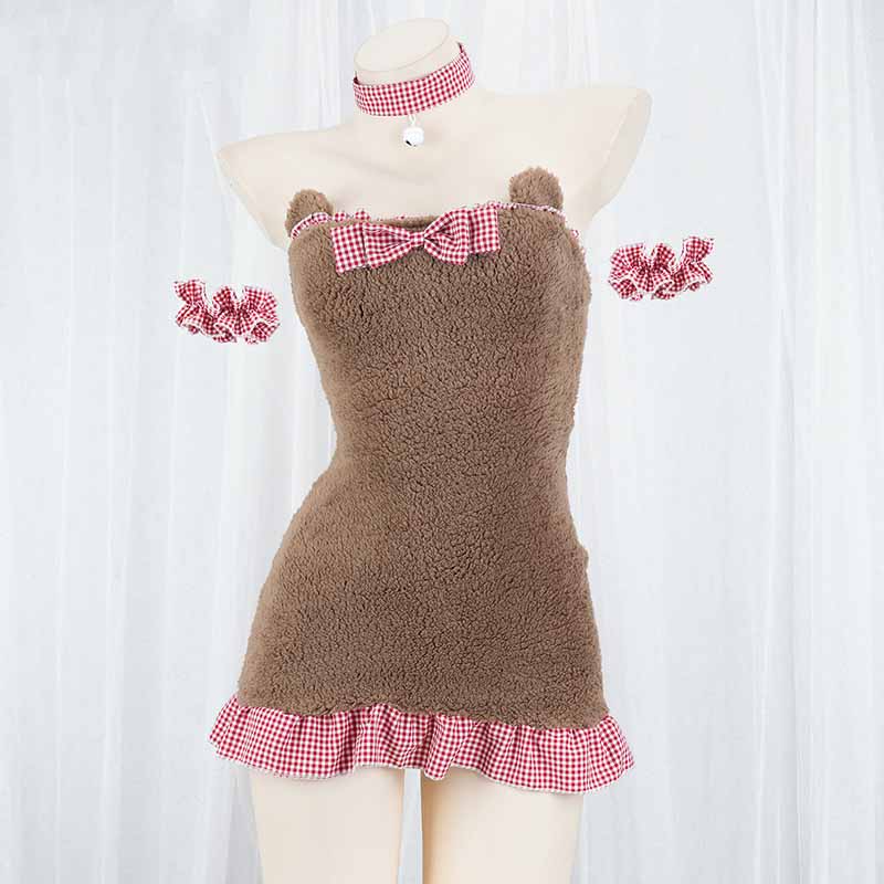 Kawaii Maid Plaid Bear Plush Lingerie Set