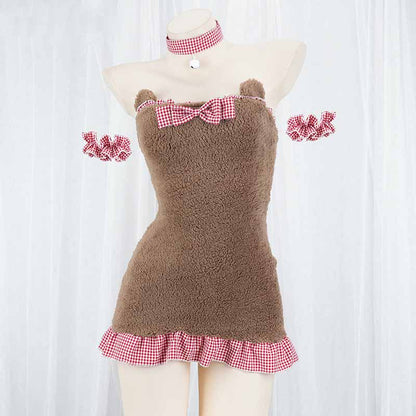 Kawaii Maid Plaid Bear Plush Lingerie Set