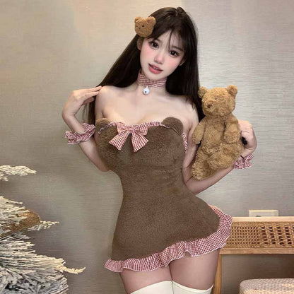 Kawaii Maid Plaid Bear Plush Lingerie Set