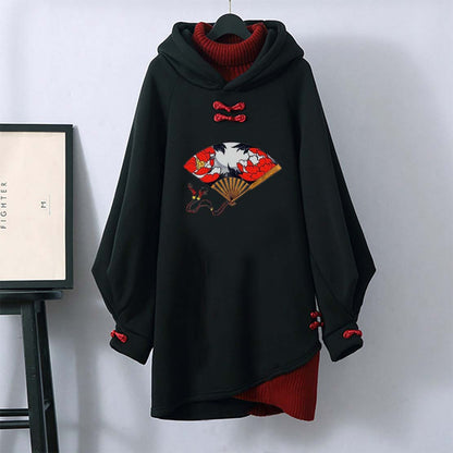 Folding Fan Buckle Vintage Hooded Sweatshirt Dress