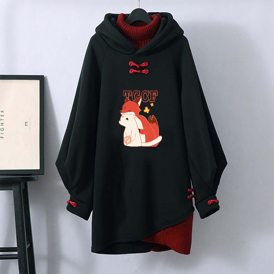 Cartoon Fox Buckle Black Hooded Sweatshirt Dress